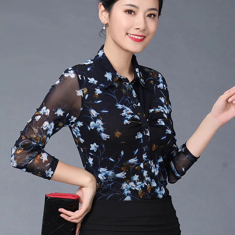 2025年春夏秋品牌女装妈妈装新款印花网纱衬衫修身长袖弹力上衣