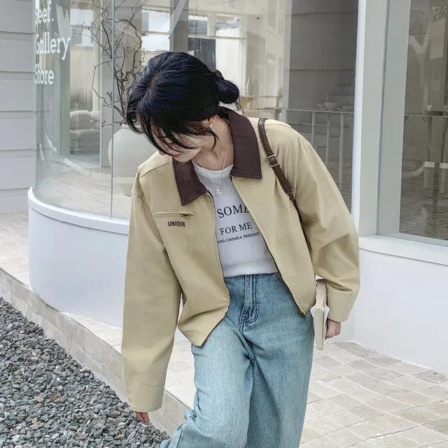 浅卡其时髦拼接撞色翻领短外套女秋季2025新款小个子韩系宽松夹克