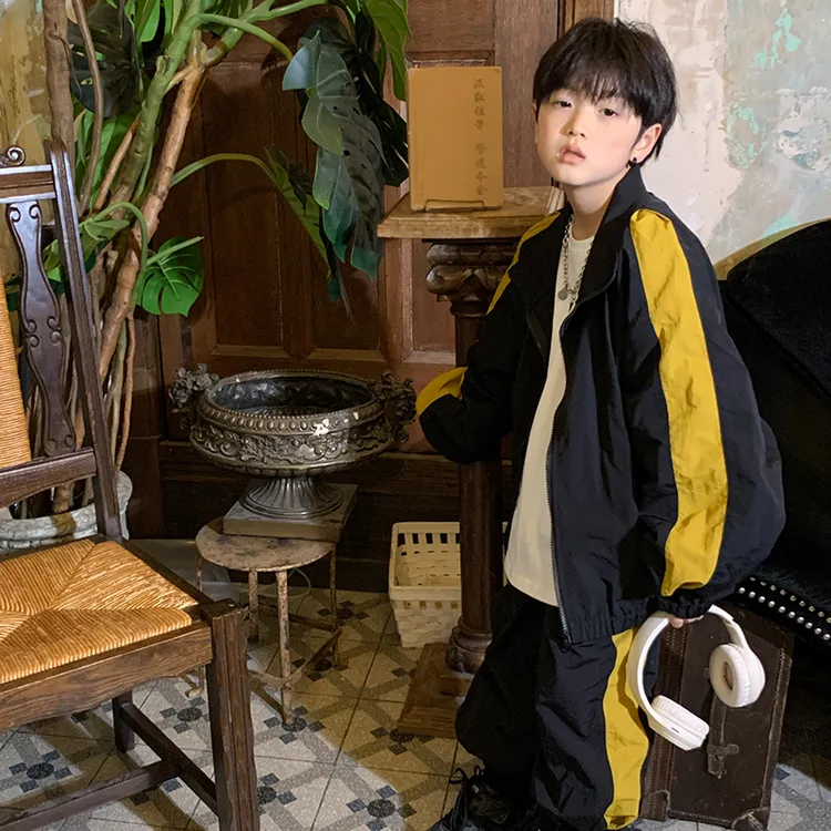 小小天童装男童炸街痞帅外套女童春秋黑色裤子儿童春装运动套装