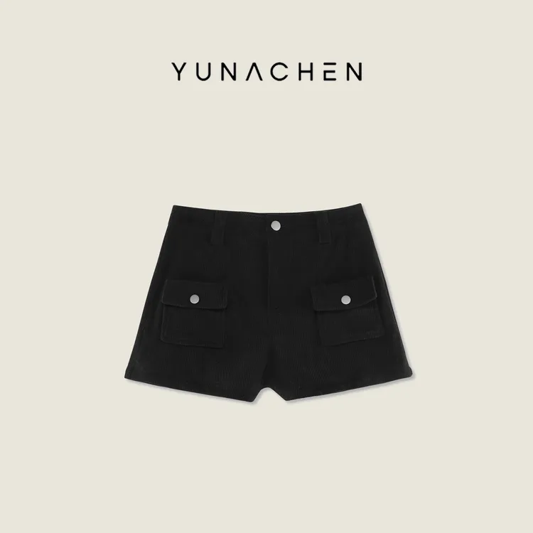 菠萝宝宝yuna【极轻至简】口袋可拆卸休闲百搭黑色梭织短裤YL12