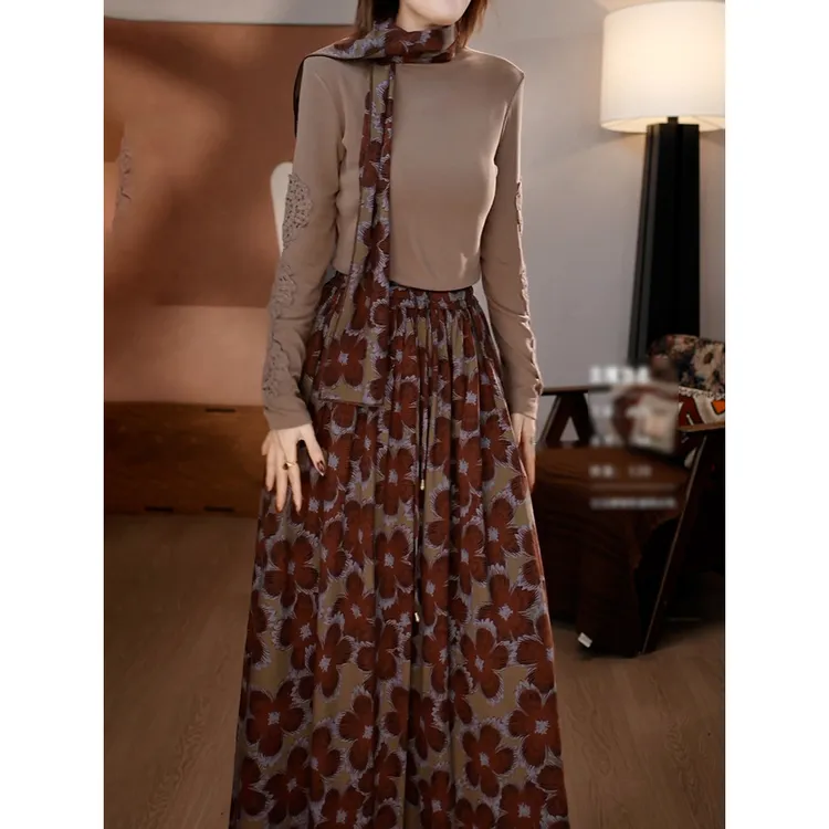 民族风文艺复古裙套装2025秋冬新款洋气百搭针织衫+半身裙两件套