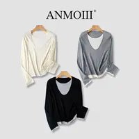 ANMOIII'雨晴云梦'简约百搭假两件针织衫打底衫T恤上衣女宽松休闲