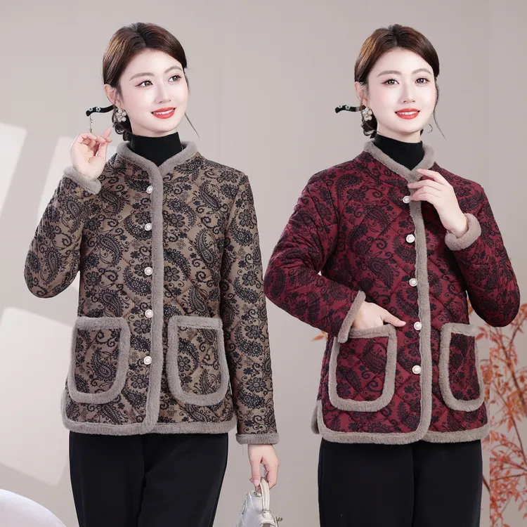妈妈装秋冬新款碎花小棉衣小个子女装加绒保暖棉袄中老年棉服外套