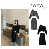【YWYW25F/W】围脖亮片斜肩一字领卫衣+弹力修身长裙套装5266