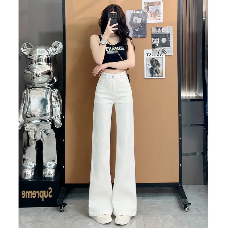 喜绚白色莱赛尔天丝喇叭牛仔裤女夏季薄款2025年新款超火直筒裤子