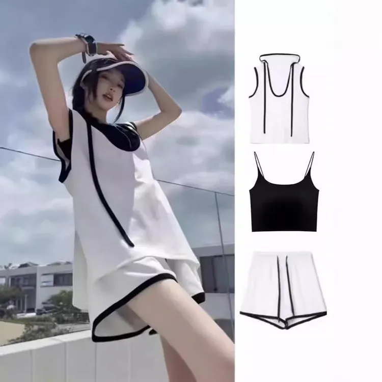 夏季新款时尚休闲撞色连帽冰丝套装女上衣宽松无袖背心短裤三件套