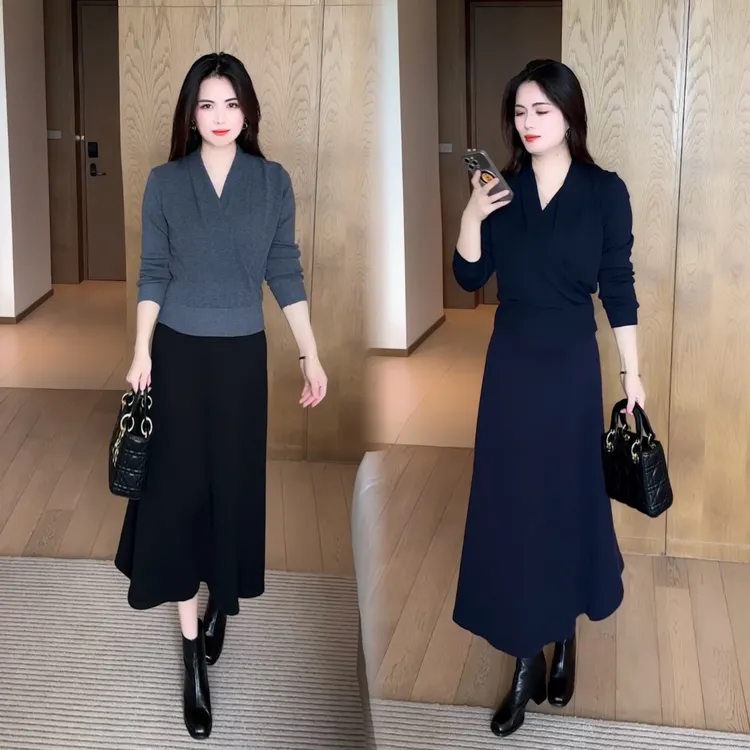 轻熟风时尚套装2025秋季新款气质女人味V领长袖显瘦半身裙两件套