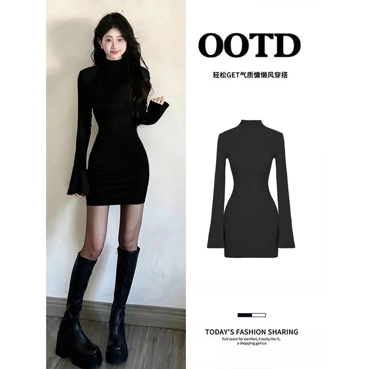 黑色高领针织连衣裙女紧身包臀裙2025新款冬季大衣内搭打底短裙子