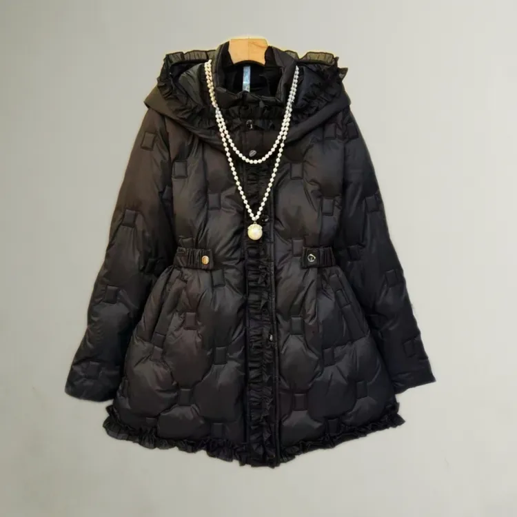 岚岚大码女装新冬季连帽款木耳边重工显瘦遮臀棉外套1107