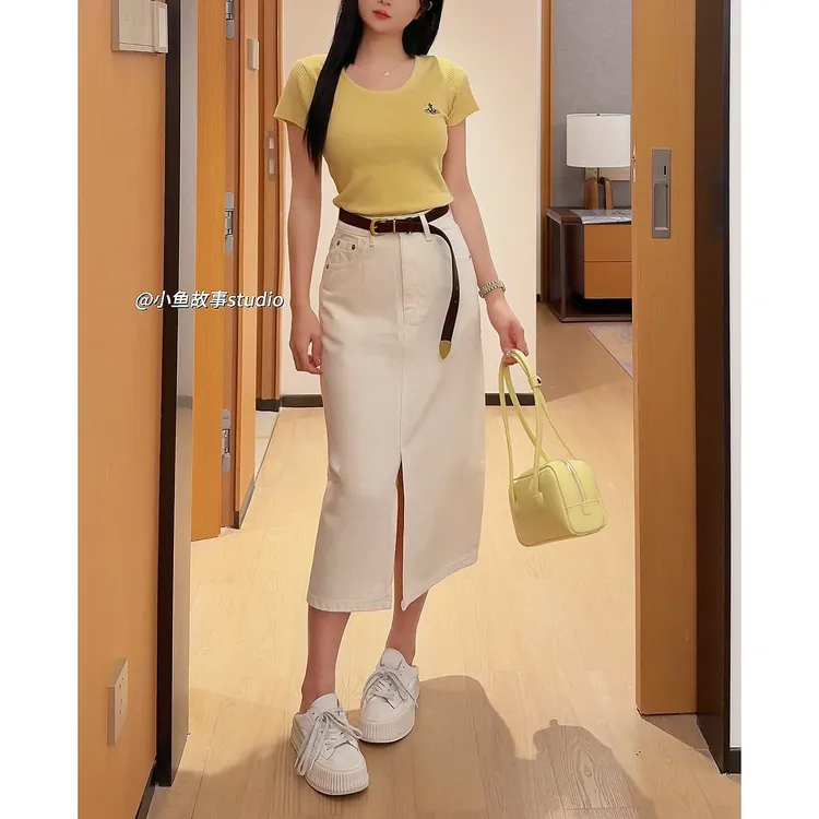 小鱼故事 夏季新款高腰开叉半身牛仔裙设计感显瘦中长款包臀裙