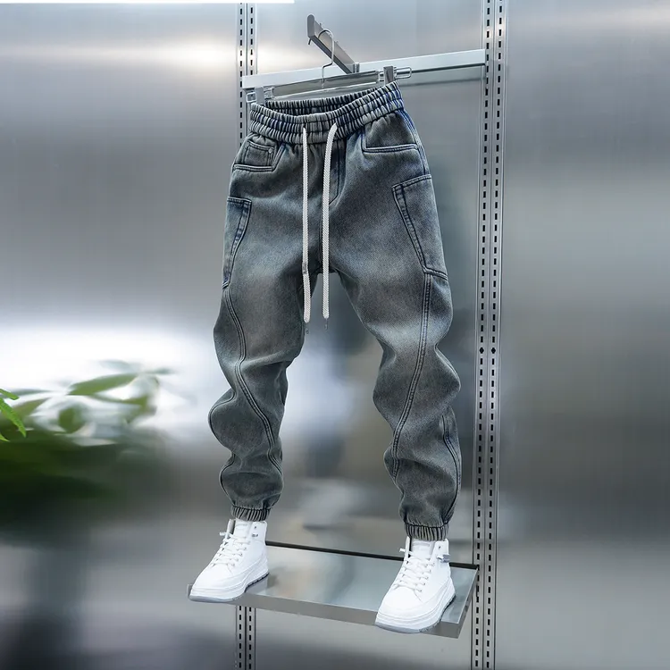 潮流男士黑灰色加绒牛仔裤黑灰色松紧腰束脚韩版百搭小脚休闲裤