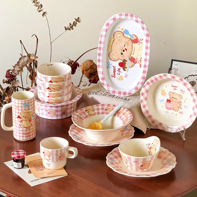 【SH】格子黄油小熊圆形米饭碗小众原创设计大容量高温陶瓷米饭碗H