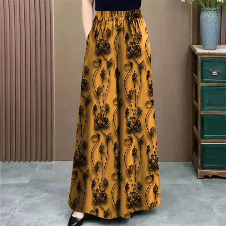 夏季2025新款妈妈装爆款宽松阔脚裤松紧高腰印花垂感裤裙长裤