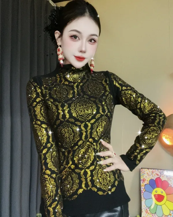 【54新花】半高领打底衫女内搭秋冬新款时尚烫钻上衣修身显瘦Y