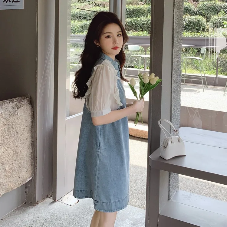 法式牛仔连衣裙女夏季2025新款小个子设计感拼接泡泡袖polo领裙子