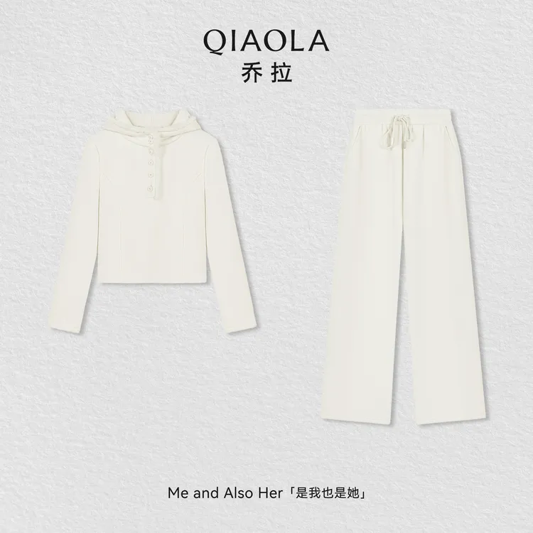 QIAOLA/乔拉【满杯云朵】秋冬季针织连帽休闲加绒保暖百搭时尚套装