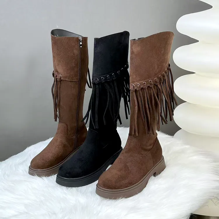 复古流苏骑士长筒靴女2025年秋冬新款时装显瘦软底加绒保暖马丁靴