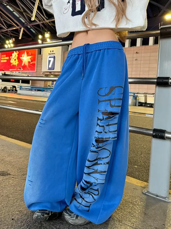 美式潮牌破洞字母印花阔腿卫裤男女宽松休闲百搭嘻哈爵士舞阔腿裤