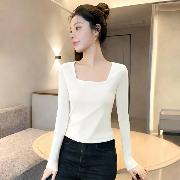 白色方领露锁骨长袖打底衫女内搭时尚百搭洋气秋冬季修身气质上衣