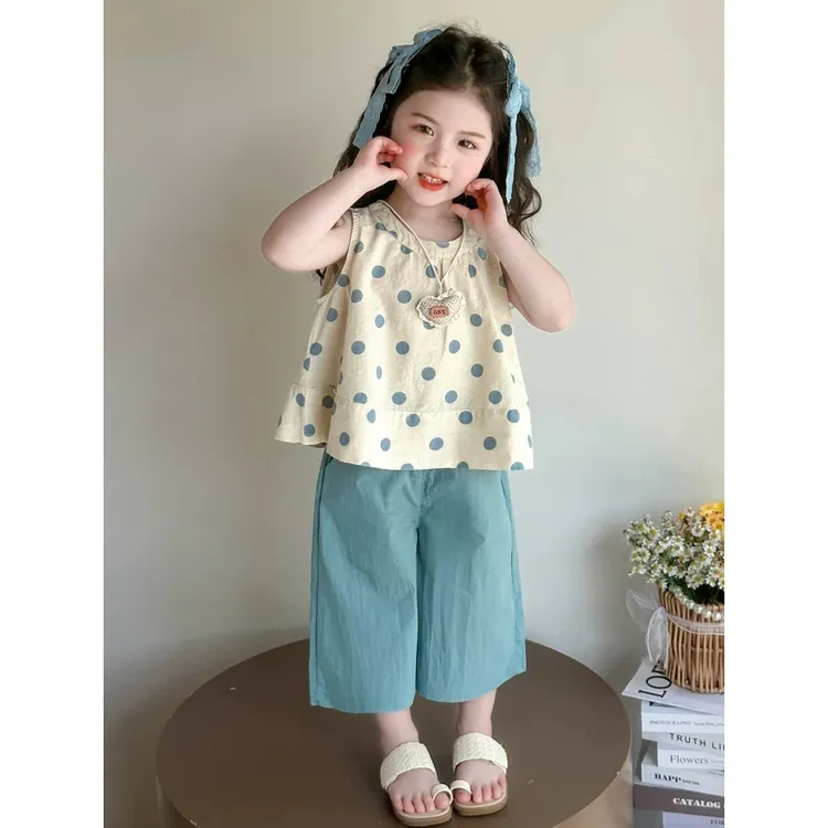 女童圆点套装夏季2025新款儿童洋气时髦背心宝宝阔腿裤夏装两件套
