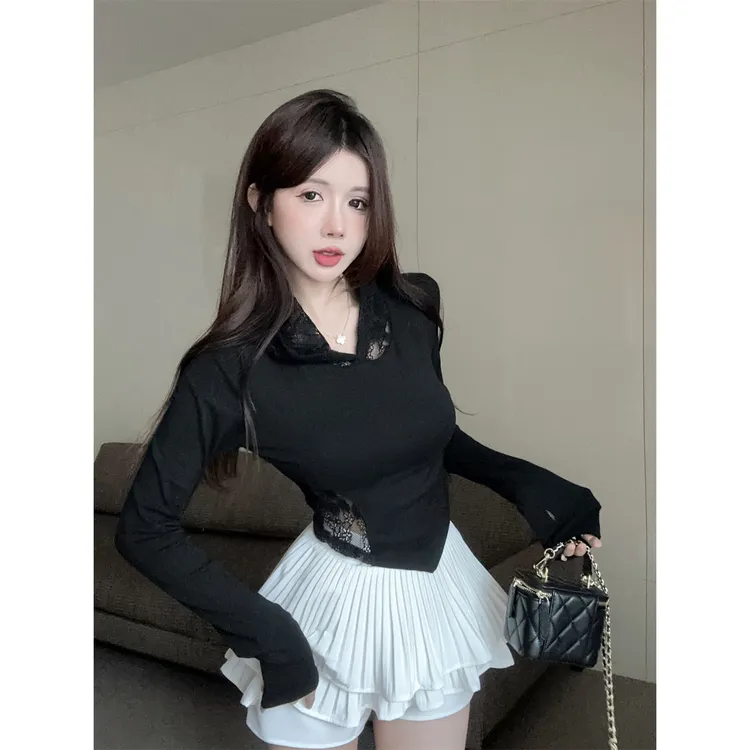 纯欲蕾丝露背拼接连帽长袖辣妹喇叭袖打底衫上衣女蕾丝长袖洋气