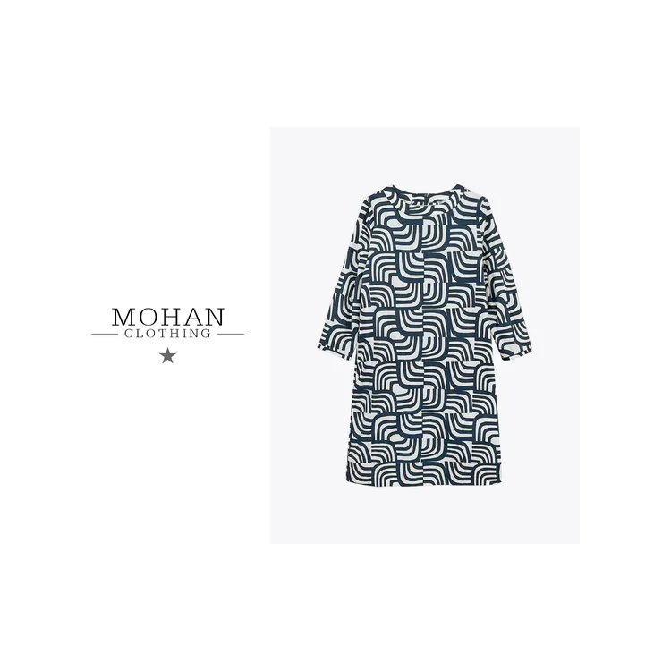 CLOTHING/墨含欧式设计感高级优雅几何印花棉质圆领连衣裙FA510
