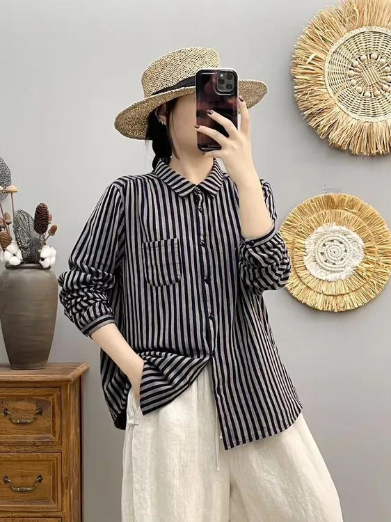 8514纯棉双层棉纱条纹长袖衬衫韩版时尚衬衣宽松显瘦减龄上衣女