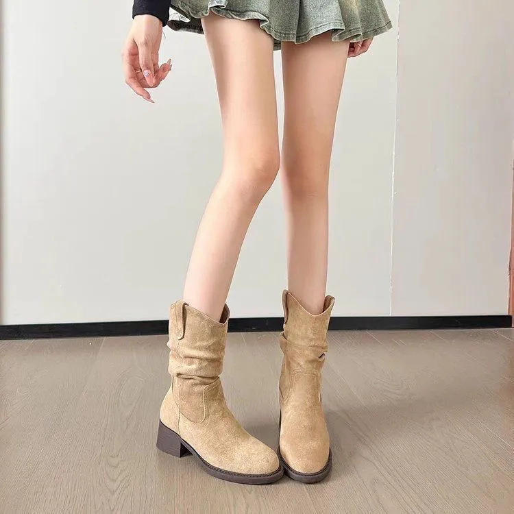 2025堆堆靴秋季新款美拉德马丁靴女粗跟牛仔靴中筒靴子女百搭短靴