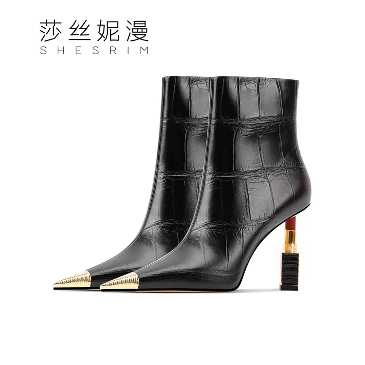 【单里/绒里】时装秀场大牌同款口红跟石头纹2025冬季女士短靴尖头