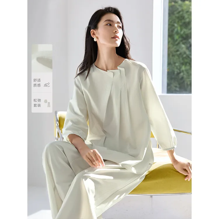 IHIMI/海谧薄荷奶绿衬衫套装2025春季新款压褶八分袖衬衫长裤套装