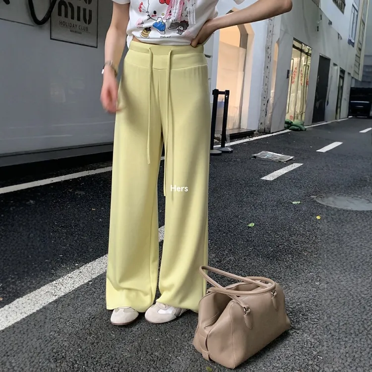 微弹力HERS一勺甜通勤抽绳松紧腰休闲裤女士夏韩系宽松显瘦垂感阔