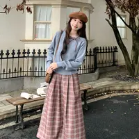慕兔法式洋气宽松长袖T恤搭配方格半身裙两件套女2025秋季新款