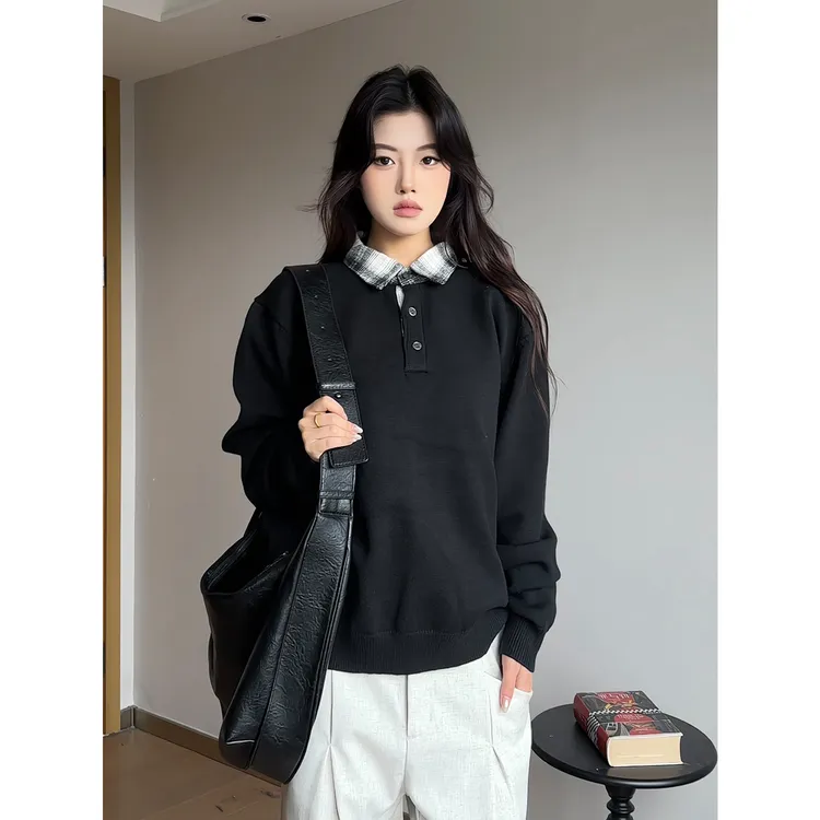 MaxDstr 美式cleanfit格子拼接翻领针织衫毛衣男女早秋情侣上衣潮