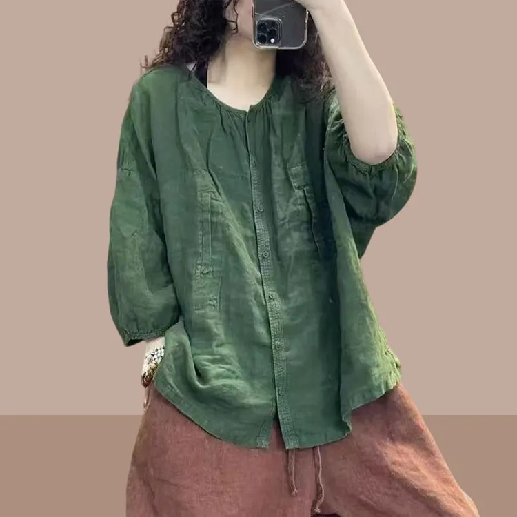 2025夏季时尚新款复古洋气文艺休闲百搭亚麻宽松圆领中袖衬衫上衣