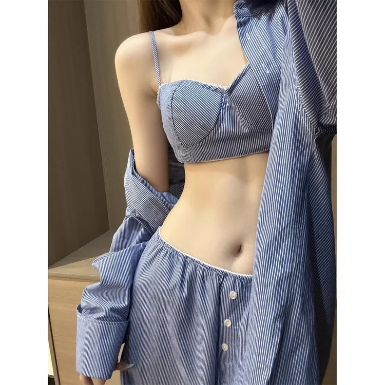 ins韩版蓝色条纹设计吊带睡衣女夏可外穿新款开衫长裤家居服套装