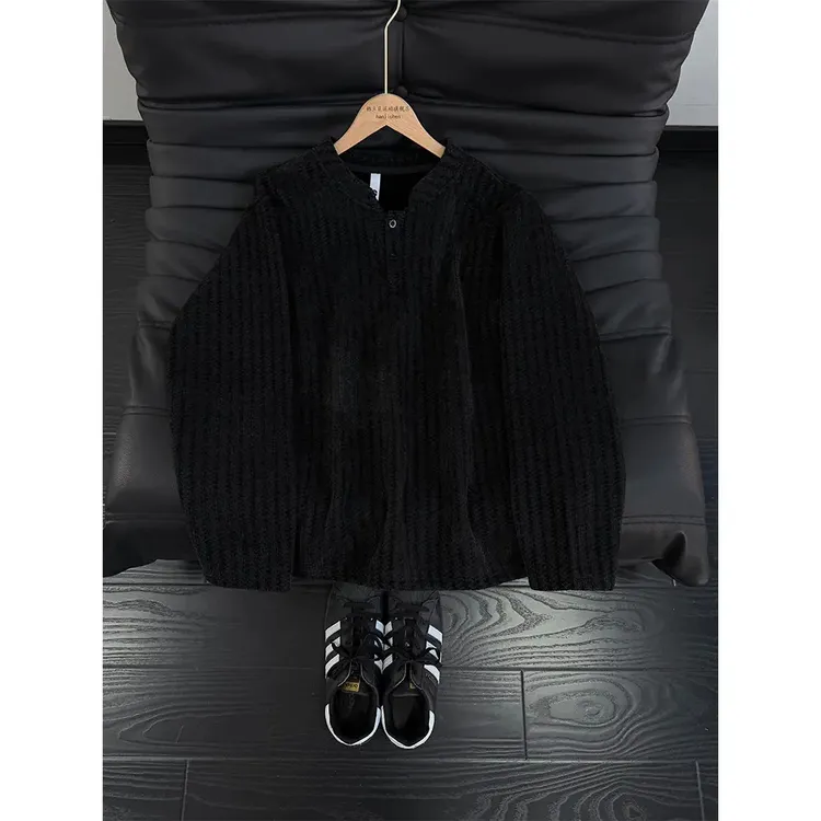 雪尼尔条纹亨利领卫衣男秋冬季情侣加绒加厚高级感内搭打底衫外套