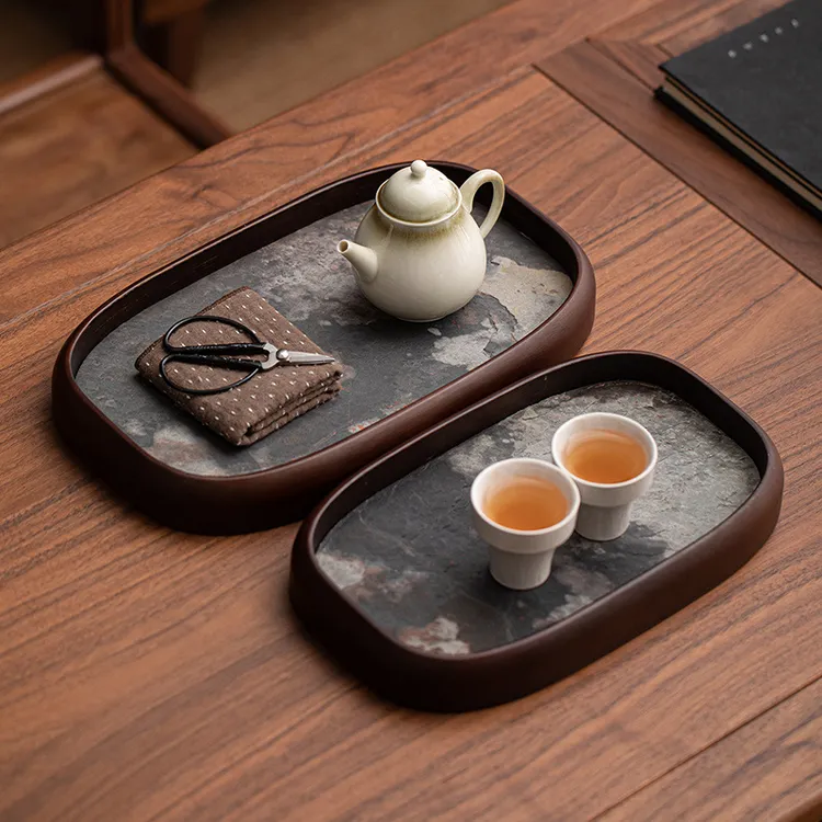 岩石面板椭圆托盘中式干泡盘家用功夫茶具托盘茶具收纳盘茶道配件