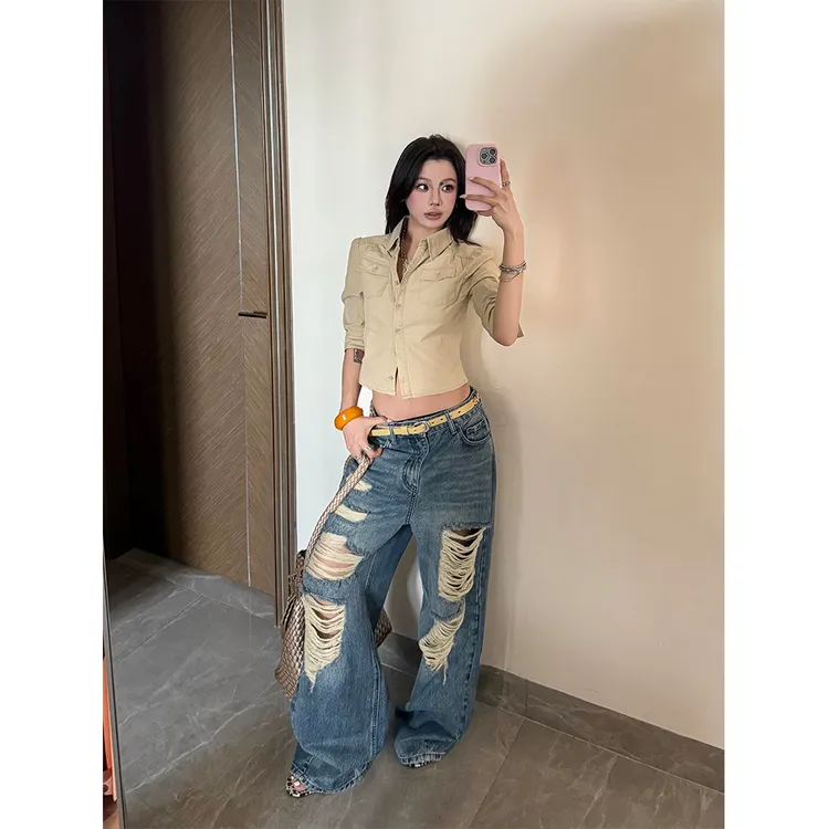 美式辣妹破坏破洞阔腿牛仔裤女夏季潮牌高街vibe宽松垂感拖地长裤