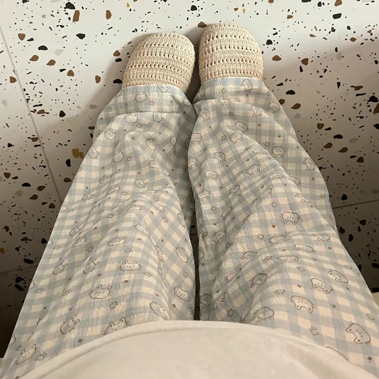 小猫格子睡裤女夏季薄款外穿遛弯裤宽松慵懒风凉凉裤可爱休闲长裤
