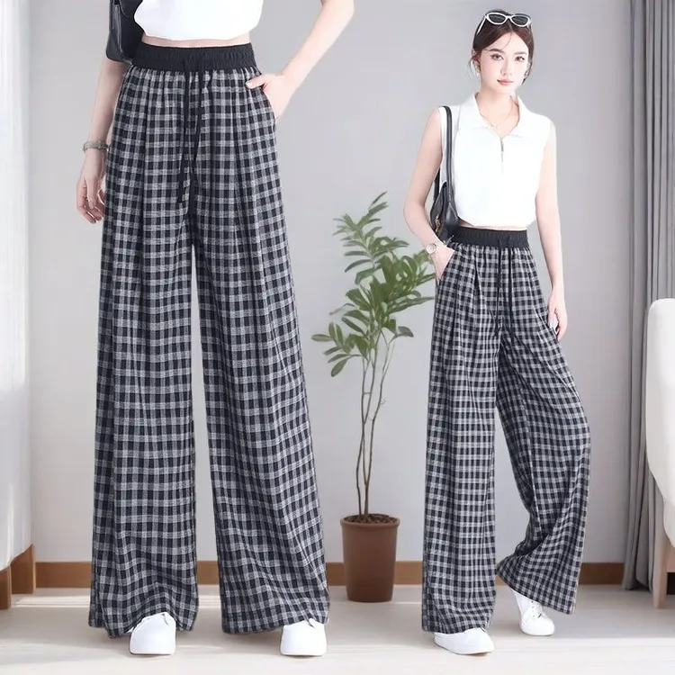 时尚复古格子阔腿裤女2025夏季薄款高腰宽松显瘦大码直筒休闲裤子