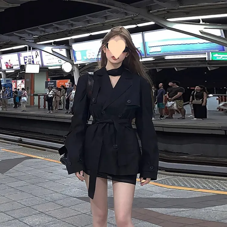 2025春秋中长款显瘦修身英伦风衣女赫本小个子上档次港风西装外套