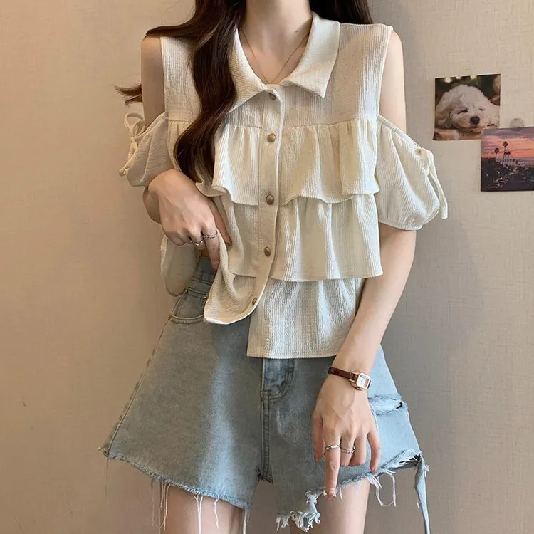 荷叶边短袖衬衫女夏季新款遮肚显瘦减龄漂亮小