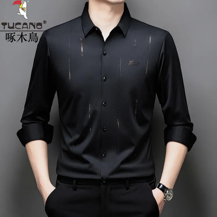 啄木鸟男士春夏高档冰丝无痕免烫长袖衬衫商务休闲抗皱弹力衬衫男