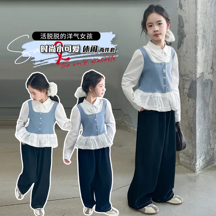 2025款女中大童拼色童装针织可爱常规套头韩版纯色外穿春秋套装