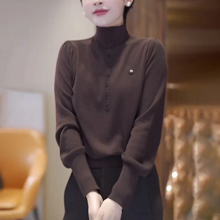 秋冬女咖色半高领毛衣慵懒高级减龄显瘦洋气内搭打底针织衫上衣