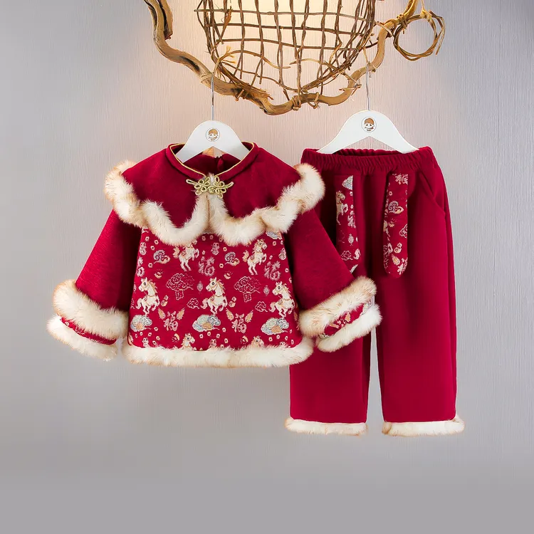 女童中国风拜年服两件套冬季新款加厚毛绒边红色唐装女宝宝过年服