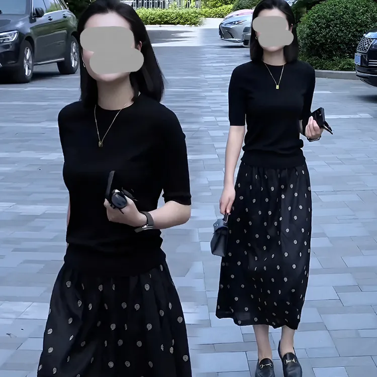 垂坠感高端短袖T恤上衣波点a字半身裙梨型遮胯女夏季2026新款套装