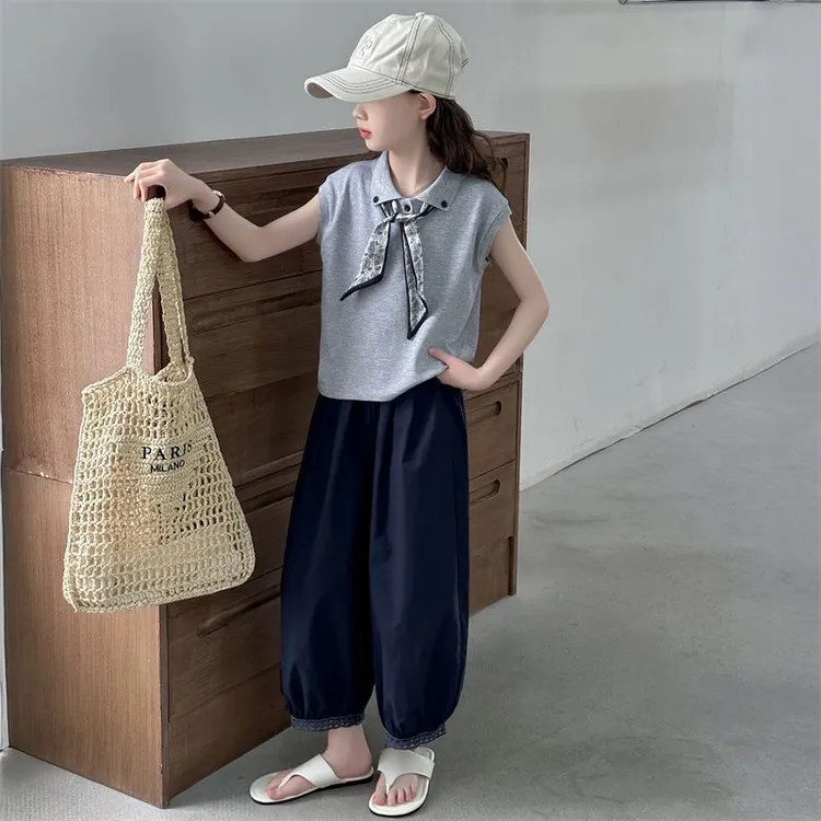 【现货】女童套装2025新款韩系洋气时髦坎肩袖上衣花边裤子CSC2251