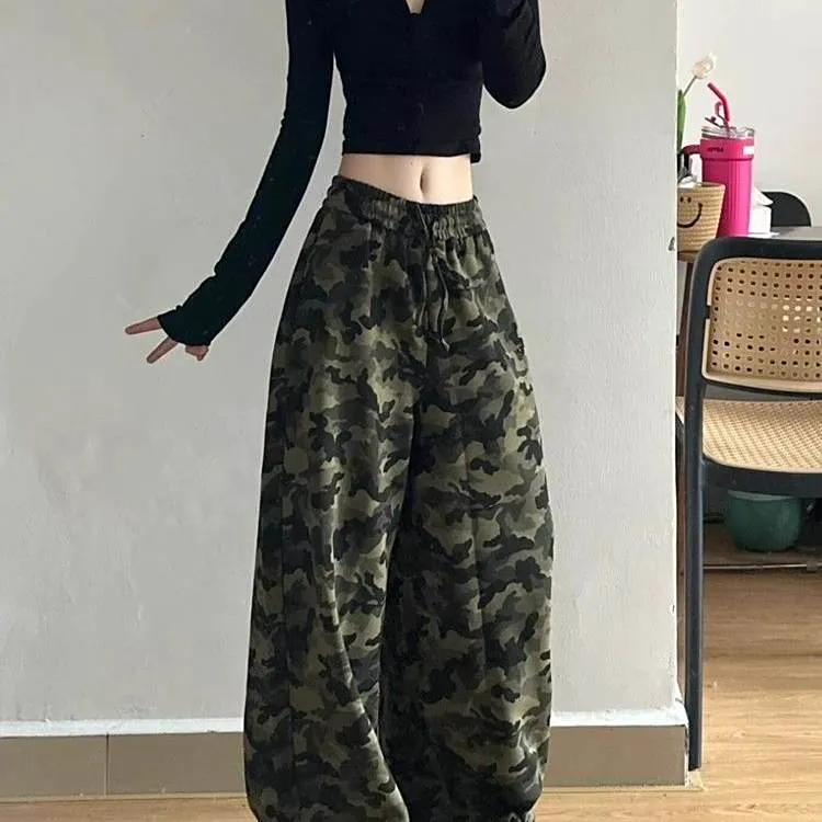 美式嘻哈迷彩裤女2025夏季新款阔腿裤高腰宽松垂感抽绳休闲卫裤
