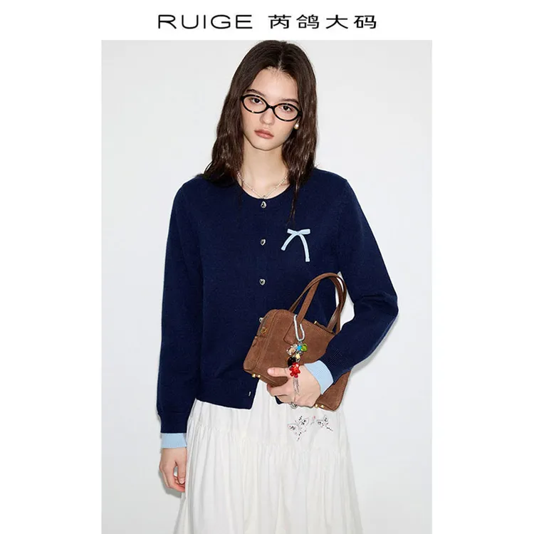 芮鸽微胖定制藏青色假两件针织衫外套2025秋上衣长袖毛衫00212